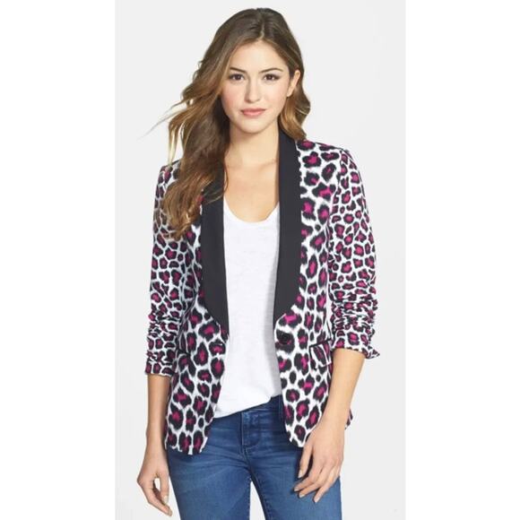 Michael Kors MK Animal Leopard Print Blazer Tuxedo Pink Black White Size 2 - Picture 1 of 6